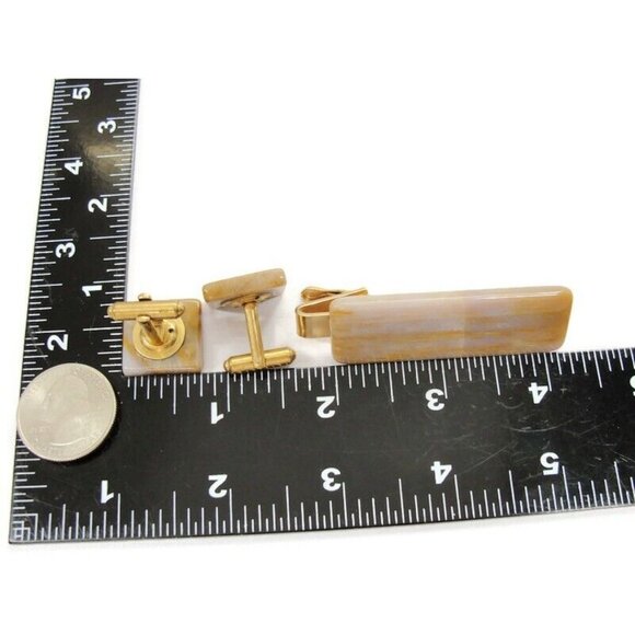Brown Marble Cufflink & Neck Tie Clip Set Gold Tone Shirt Wedding Tux Vtg - Picture 5 of 8